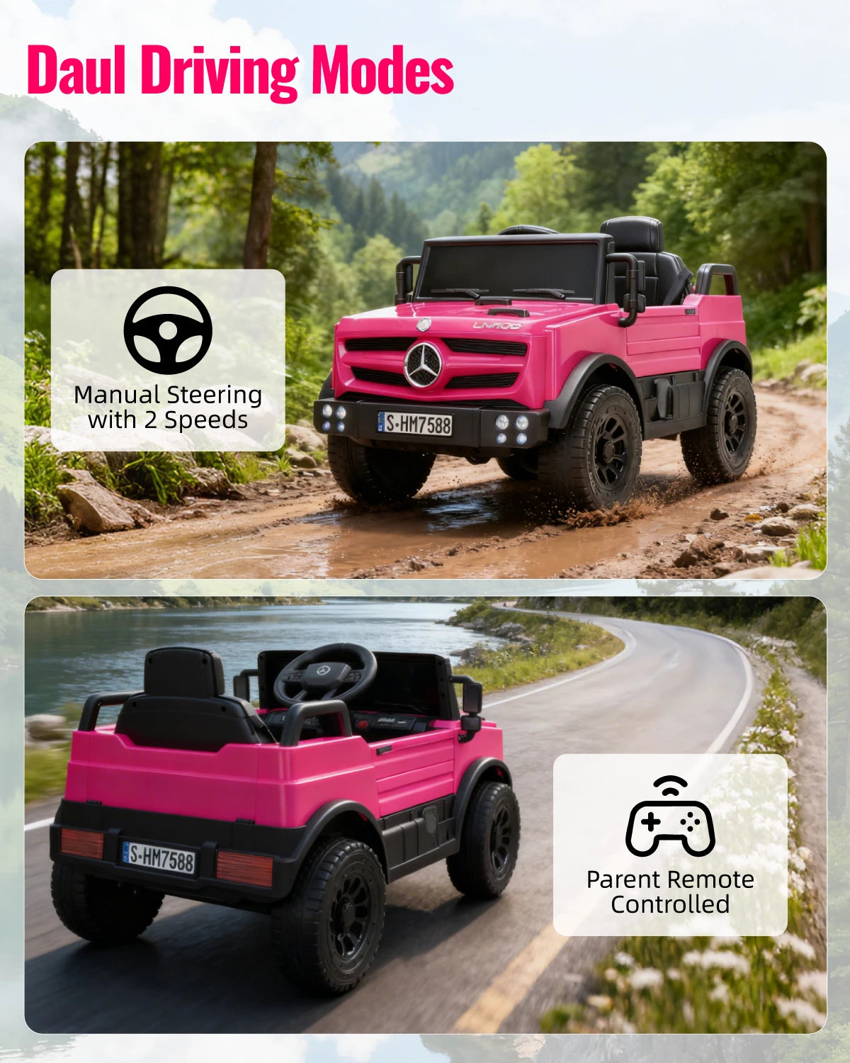 12V Mercedes Unimog Ride On Car For Kids Remote Control Led Lights Music Player