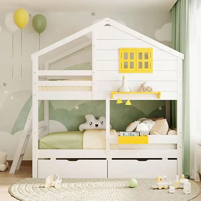 Twin Over Twin Bunk Bed with 2 Drawers, 1 Storage Box, 1 Shelf, Window and Roof, Wood Playhouse Bed Frame for Kids Boys Girls Te