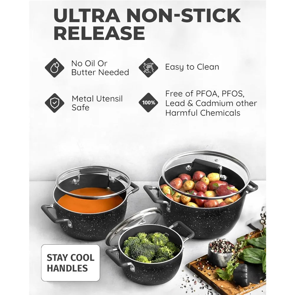 Granitestone Black Pots and Pans Set Nonstick, 6 Stackable Piece Cooking Pots Set, Kitchen Pots, Non Stick Coating, 5qt 3qt & 1