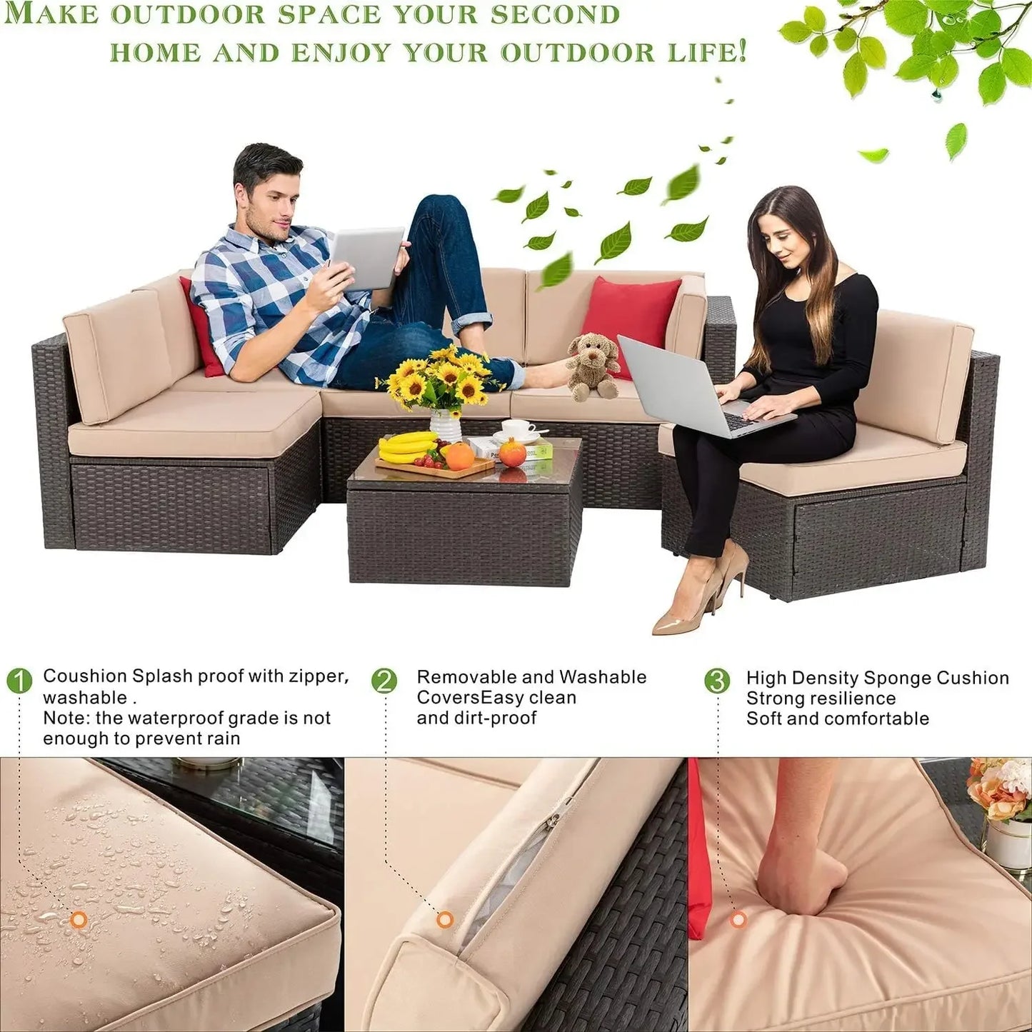 7 Piece Patio Furniture Set with Gas Fire Pit Table, Outdoor Conversation Sets Wicker Rattan Sectional Sofa with Coffee