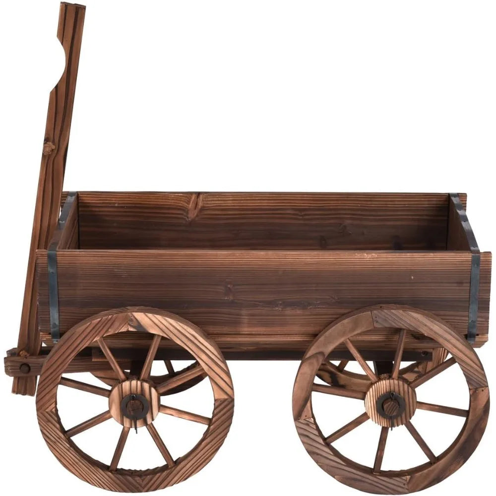 Wood Wagon Flower Planter Pot Stand W/Wheels Home Garden Outdoor Decor