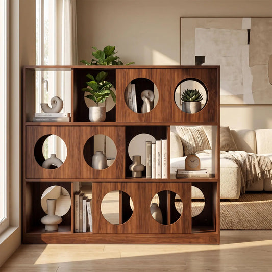 Low Wood Bookshelf With Round Cutout Cubbies Organizer