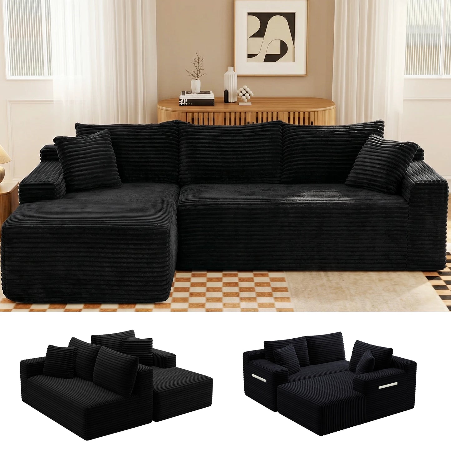Modern Black Corduroy Modular Sectional Sofa With Deep L Shaped Chaise