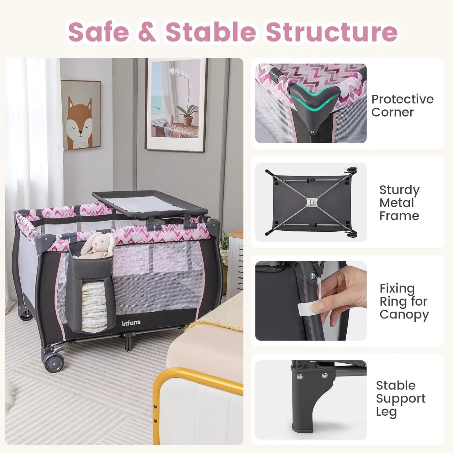 4 In 1 Portable Baby Playard With Bassinet Changing Table Canopy And Toys Pink