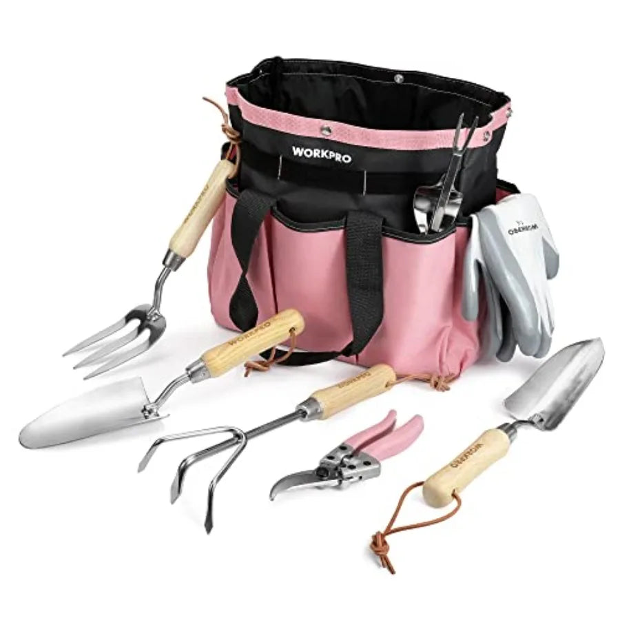 8 Piece Garden Tools Set Stainless Steel Heavy Duty With Wooden Handles Tote