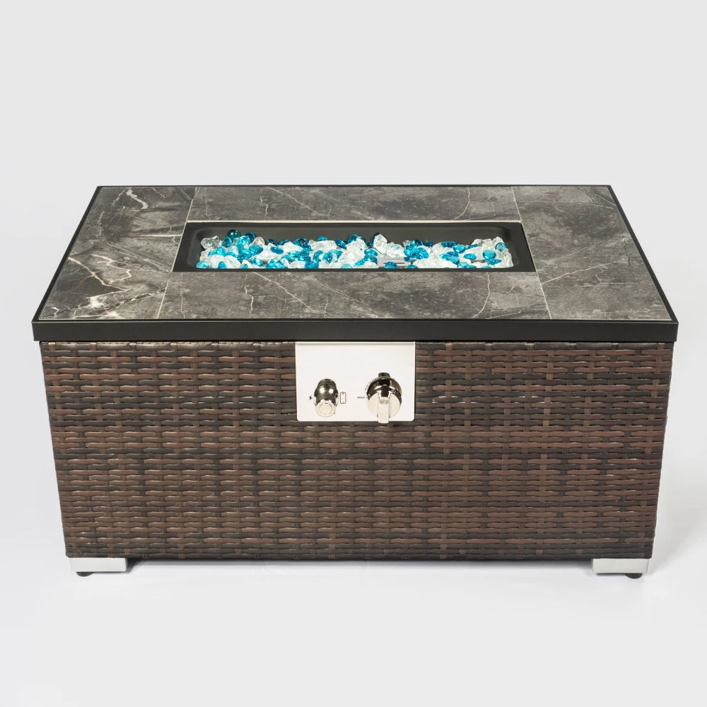 Outdoor Propane Fire Pit Table Rattan With Marble Tile Top