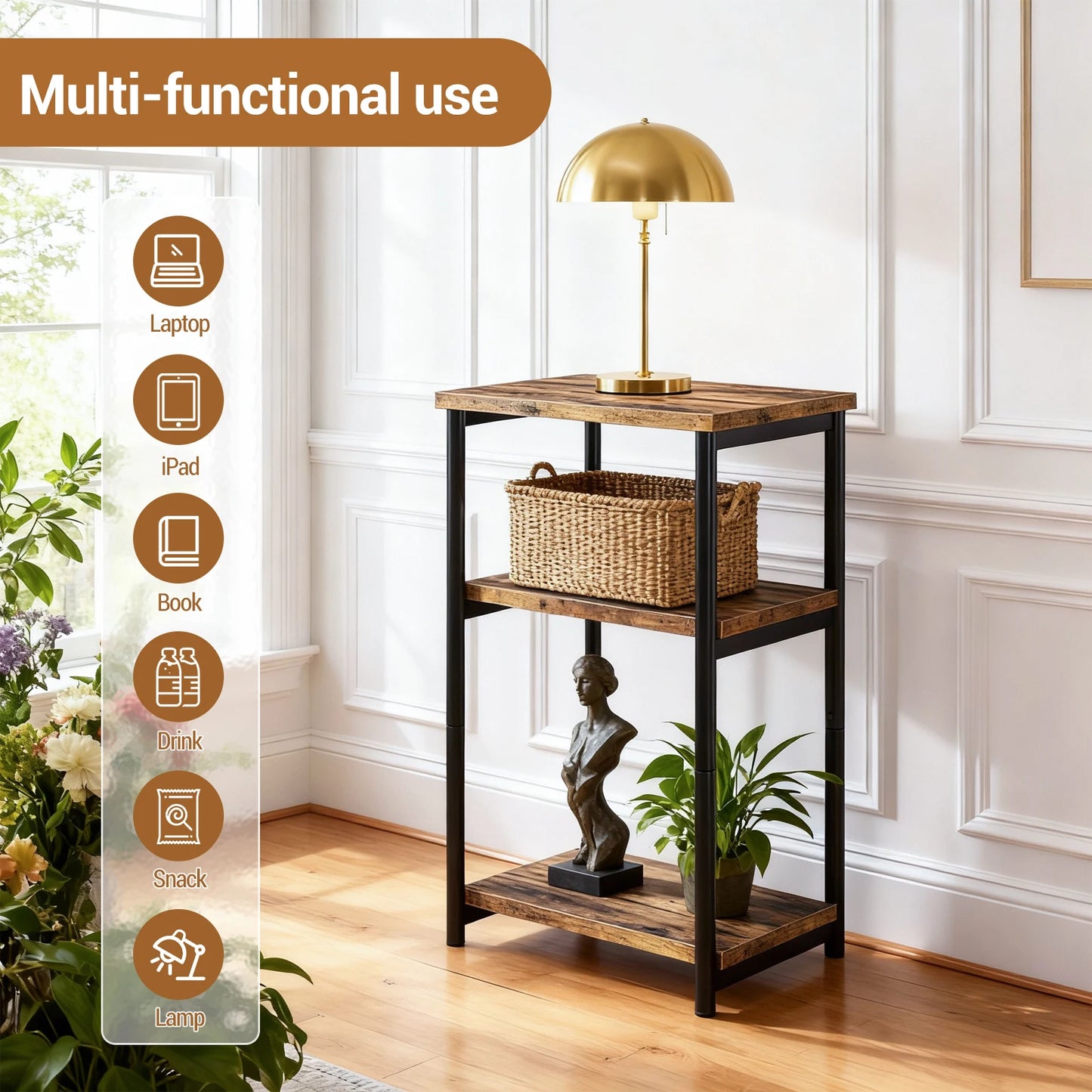 3 Tier End Table With Storage Shelves Rustic Narrow Sofa Side Table Metal Frame
