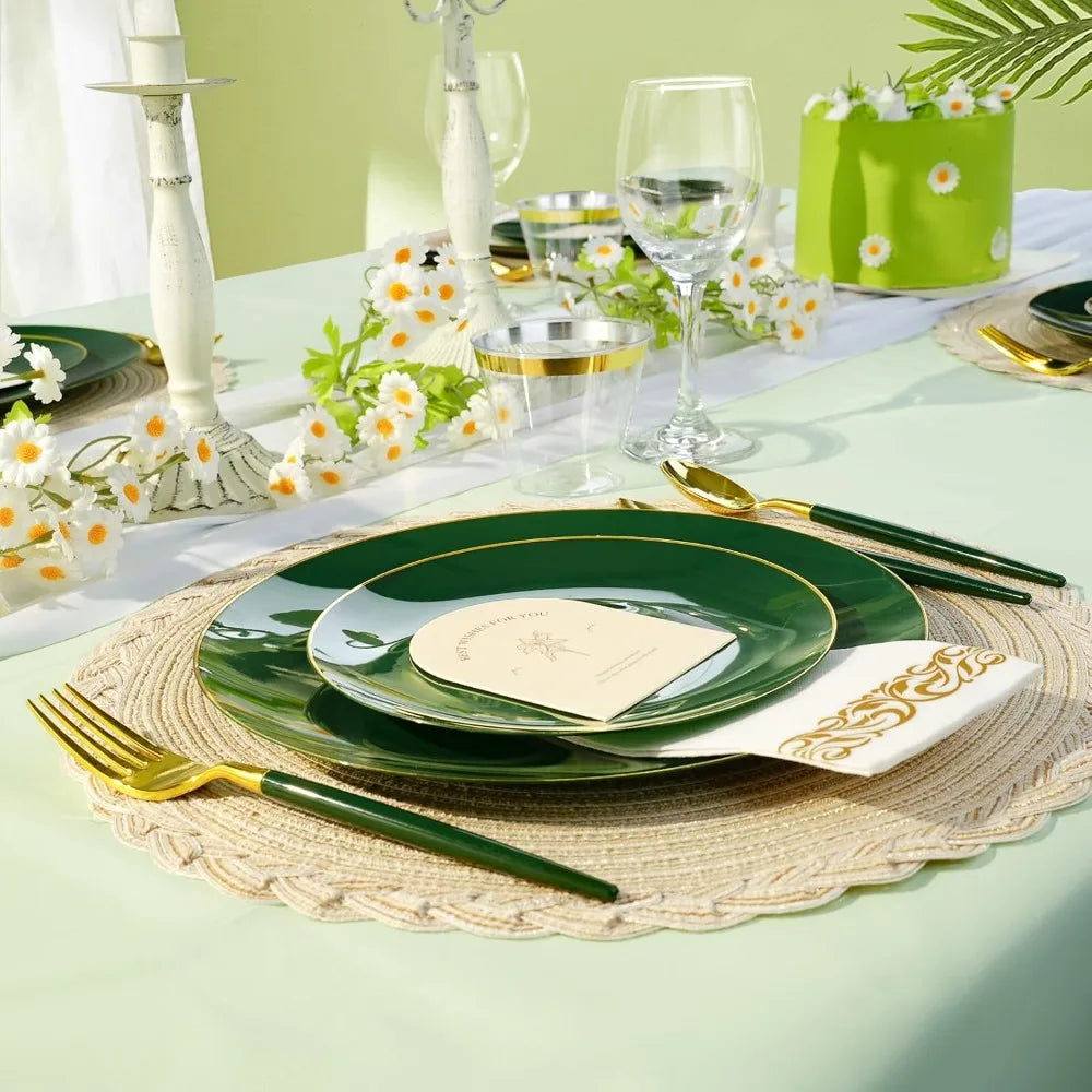 Green Gold Plastic Dinnerware Set 350 Pcs Disposable Plates And Cups For Party