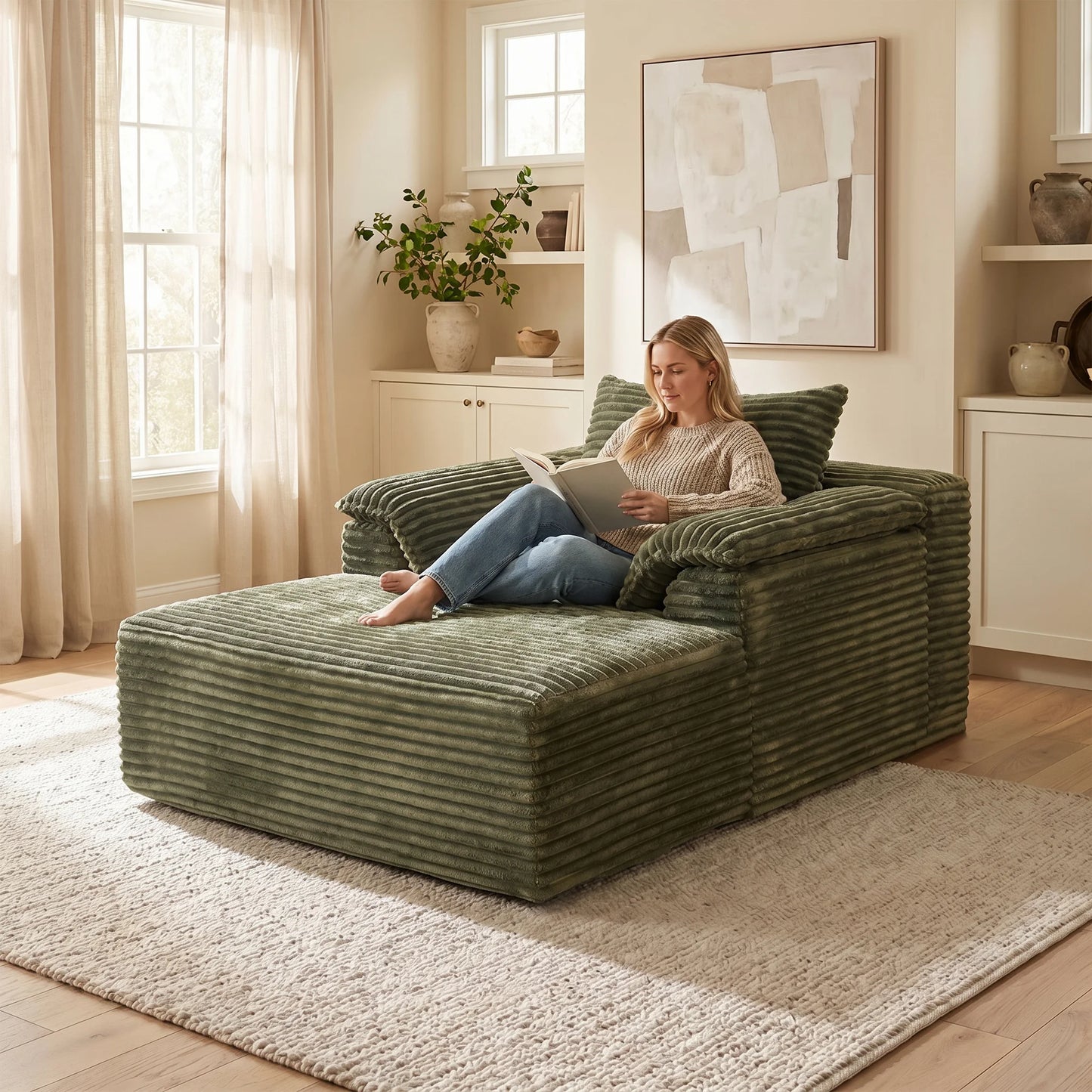 67 Inch Oversized Sofa Bed Corduroy Lounge Chair With Armrests And Pillows