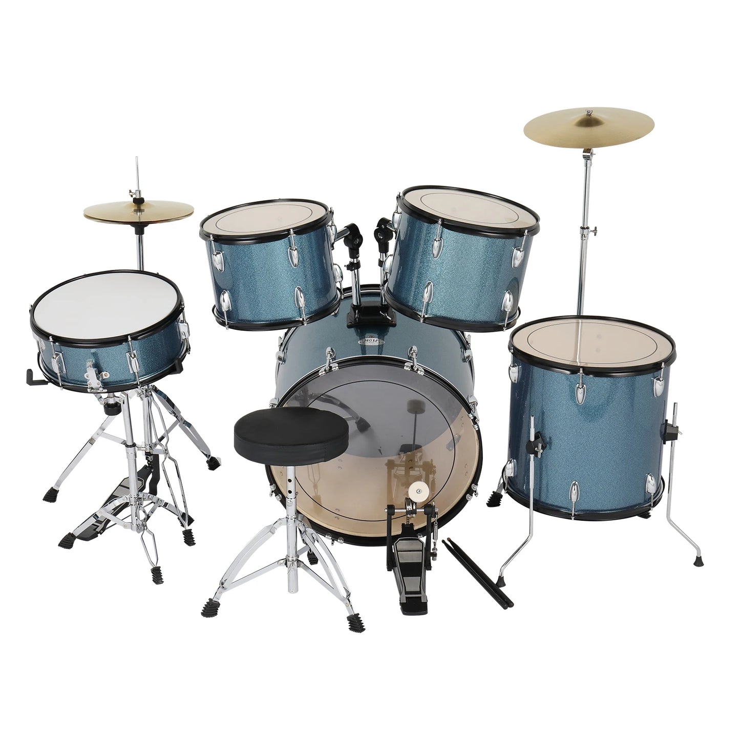 Full Size Adult 5 Piece Black Drum Set With Bass Drum Hi Hat Cymbals Crash Ride