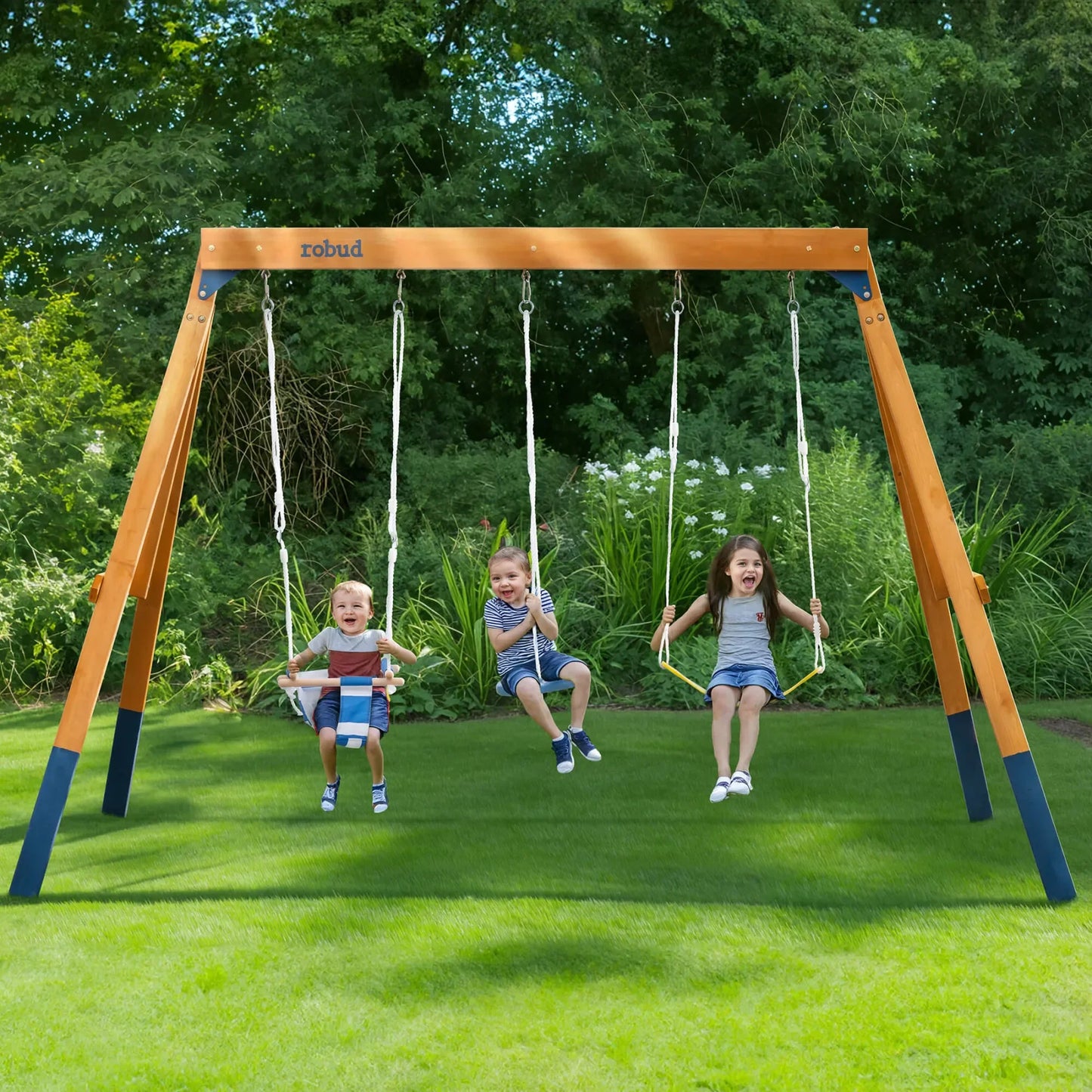 Robotime Robud 3-in-1 Playground Wooden Swing Sets for Backyard DIY Swing Sets with Tree Swing and 2 Toddler Swings for Kids 3+