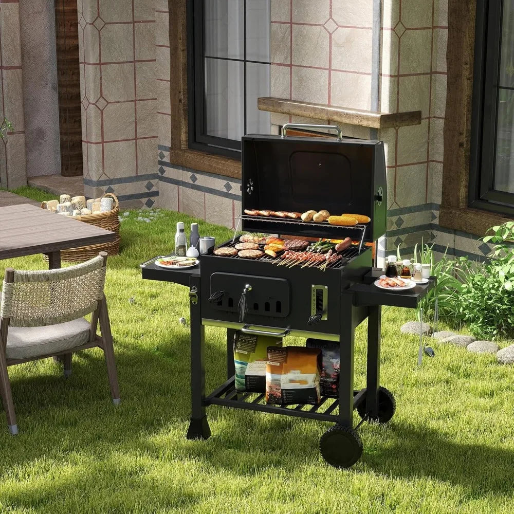 Adjustable Charcoal Grill With Thermometer And Side Tables