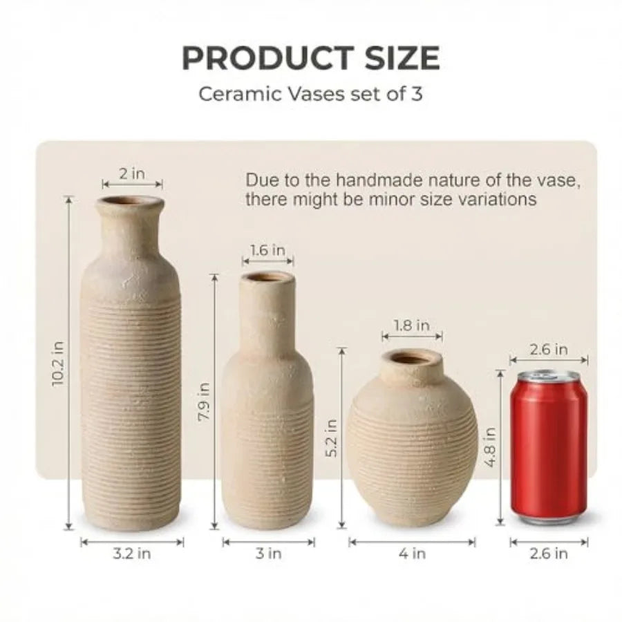 Rustic Farmhouse Ceramic Vase Set Of 3 For Centerpieces Home Decor