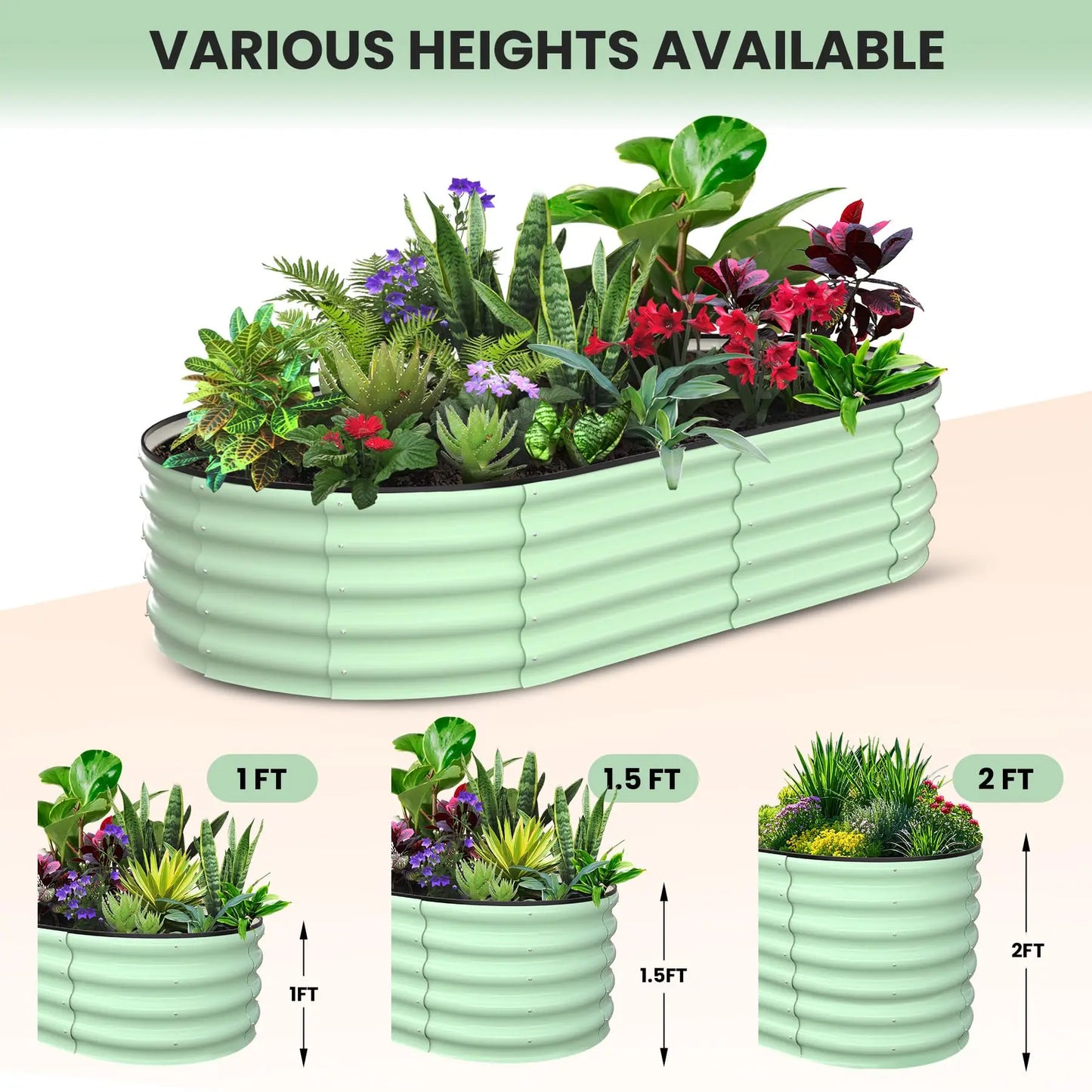 Two Pack Oval Galvanized Steel Raised Garden Beds With Open Base Safety Edge