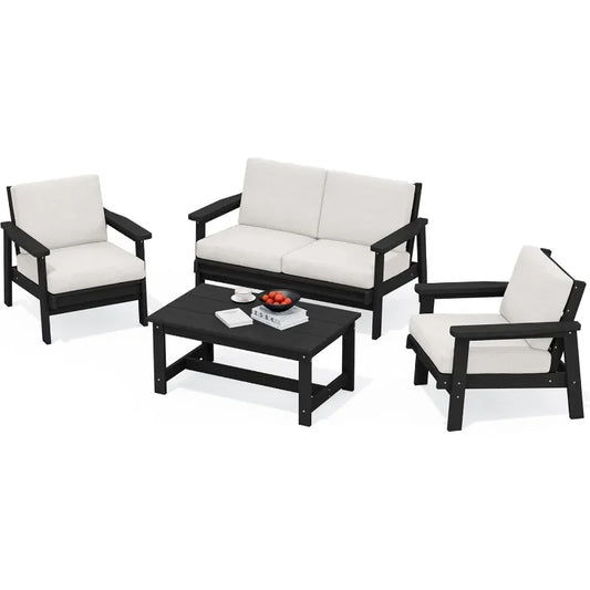Outdoor Furniture Set, 4 Piece All Weather Outdoor Sofa Set, Wood-Like Outdoor Sectional Couch