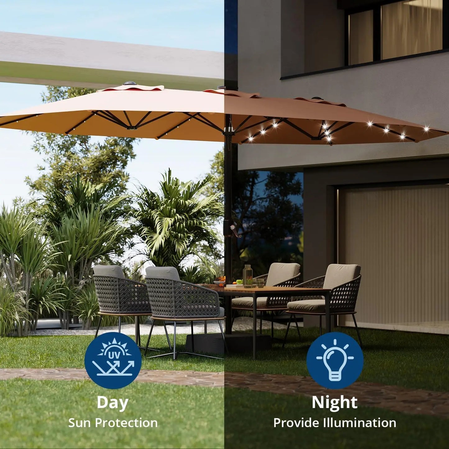 15ft Patio Umbrella With Solar LED Lights Base Included Large Rectangle Shade