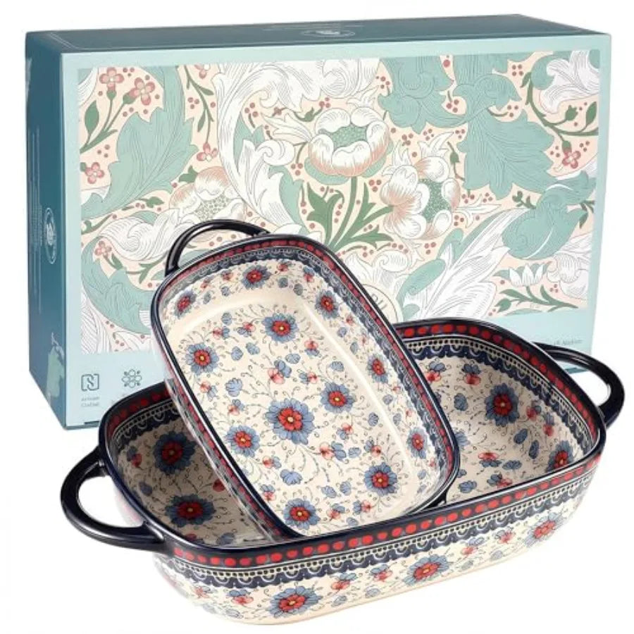 Polish Pottery Style Ceramic Baking Dish Set 2 Piece Floral Casserole Oven Safe