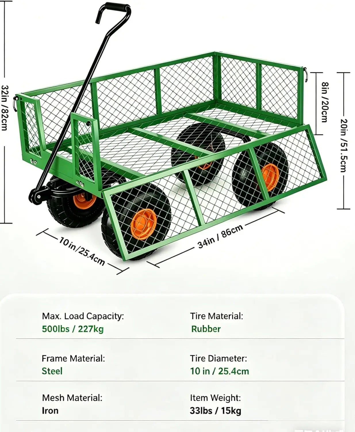 Heavy Duty Steel Garden Cart 500 Lbs Capacity 3 In 1 Wagon with 10 In Wheels