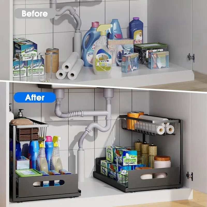 Double Layer Sliding Rail Under Sink Storage Rack For Bathroom And Kitchen