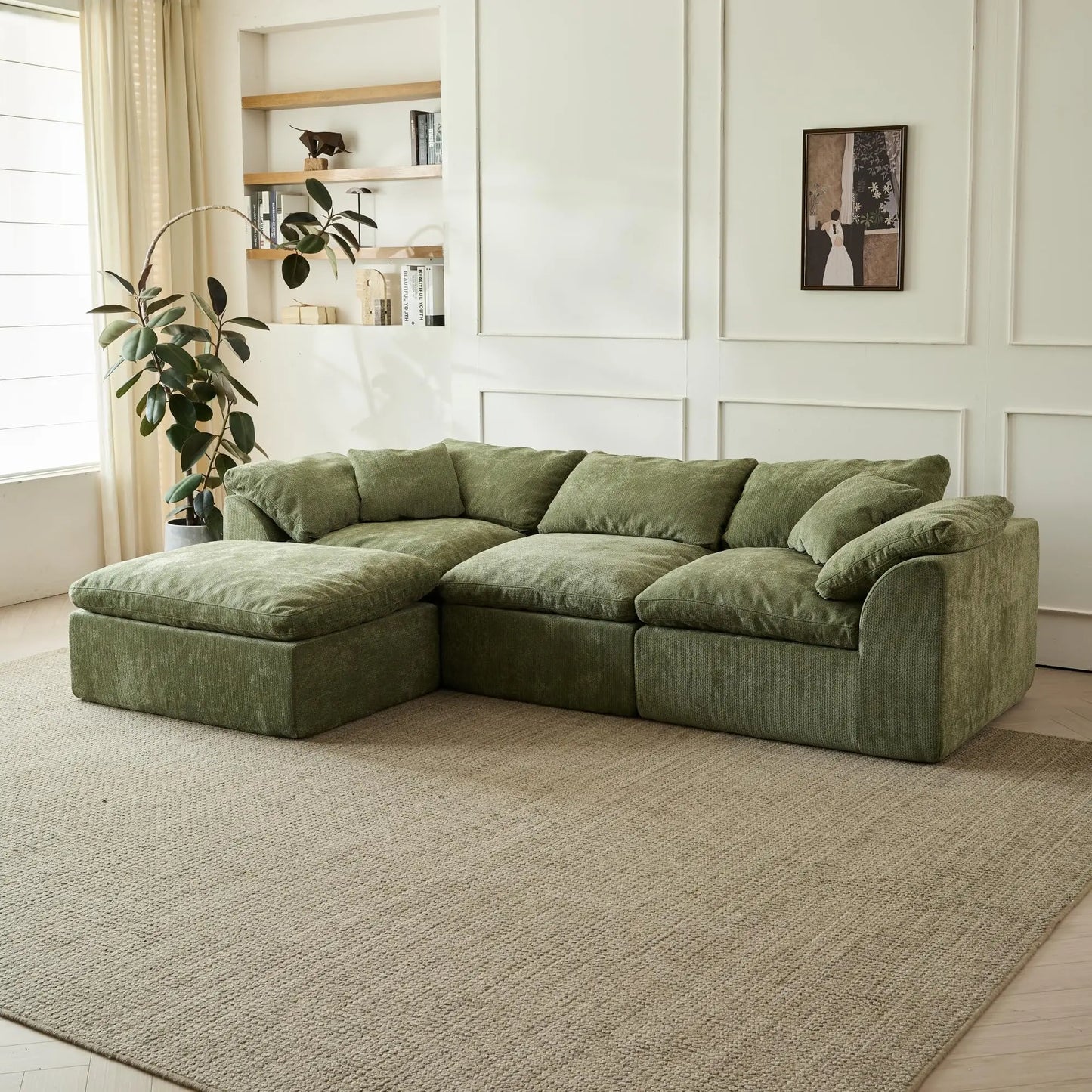 109 Inch Modern Cloud L Shaped Oversized Deep Seat Chenille Green Modular Sofa