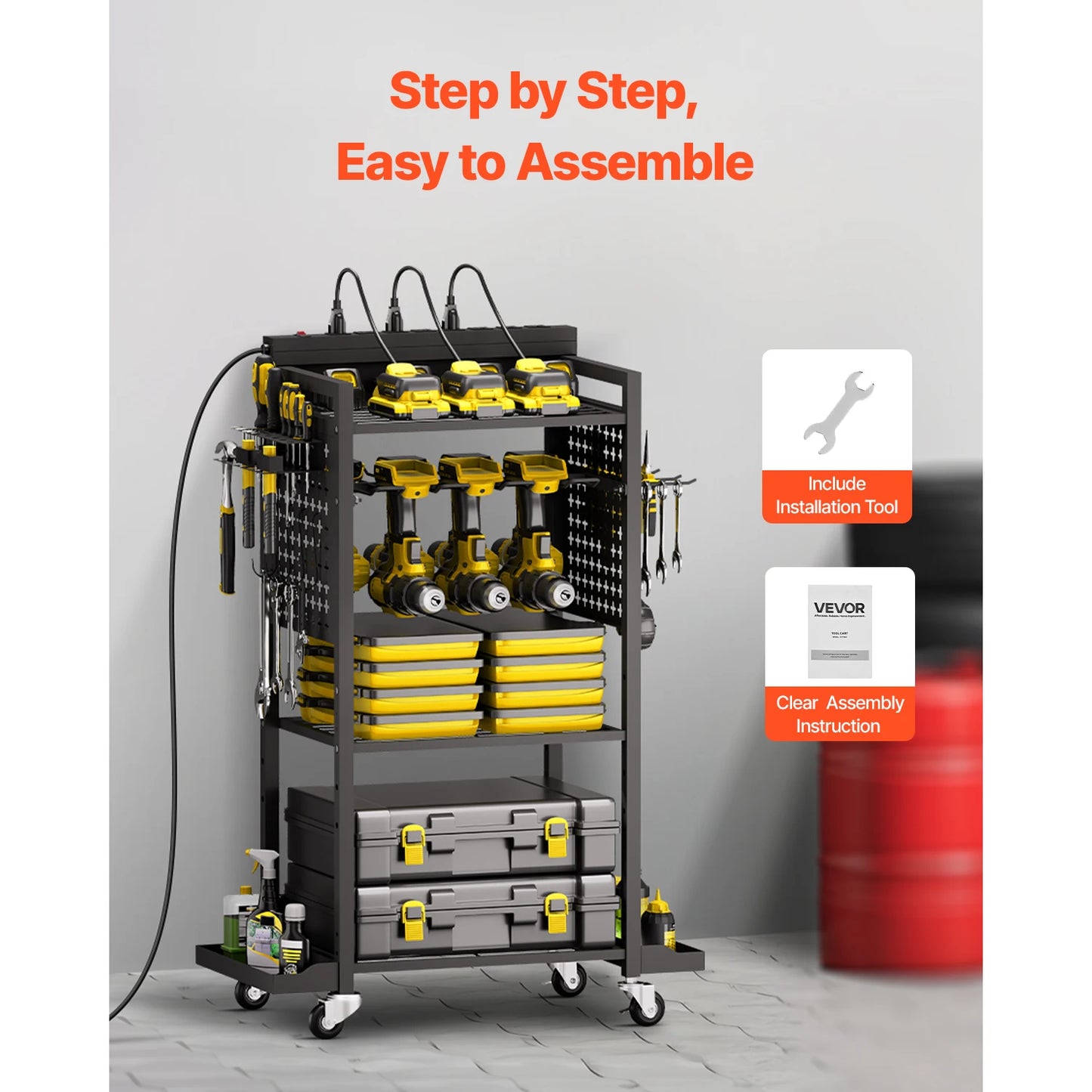 VEVOR 4 Tier Tool Cart With Charging Station Floor Stand And 8 Outlet Strip