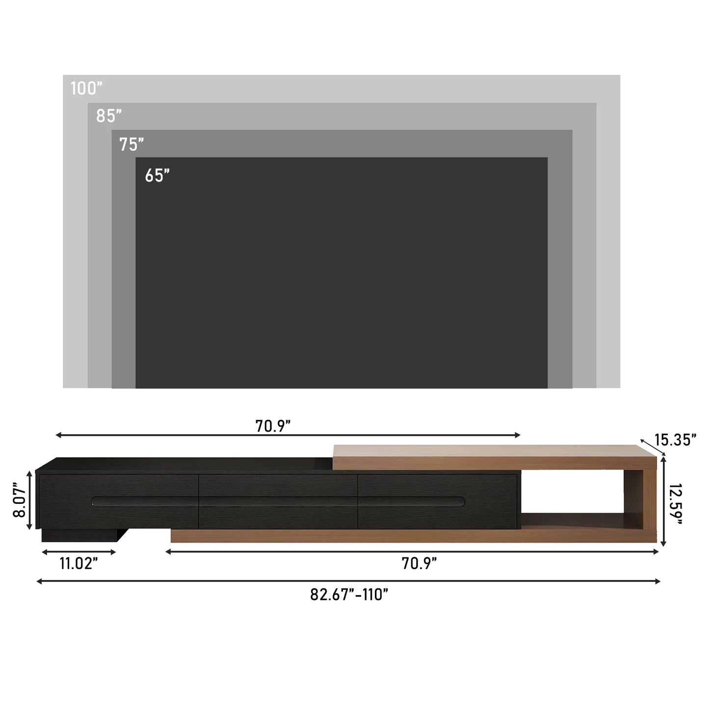 Extendable TV Stand for Up to 120"TV, 82-110'' Wood Reversible TV Media Console w/3 Drawers & Open Storage Shelf for Living Room