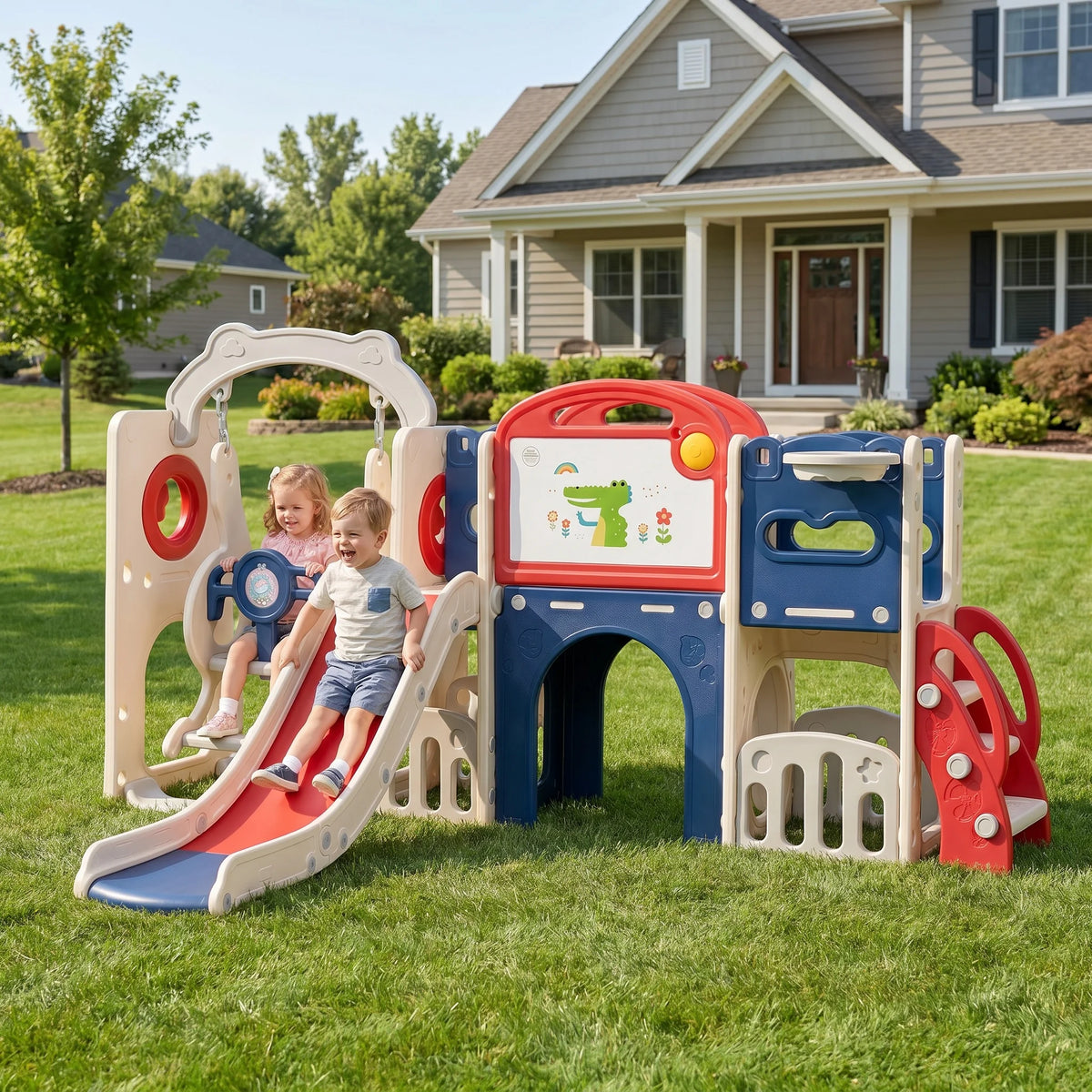 12‑in‑1 Kids Play Castle Playset Toddler Slide and Swing Set with Drawing Board Basketball Hoop HDPE Indoor Outdoor Children Playground Toy for 1‑6 Years Old