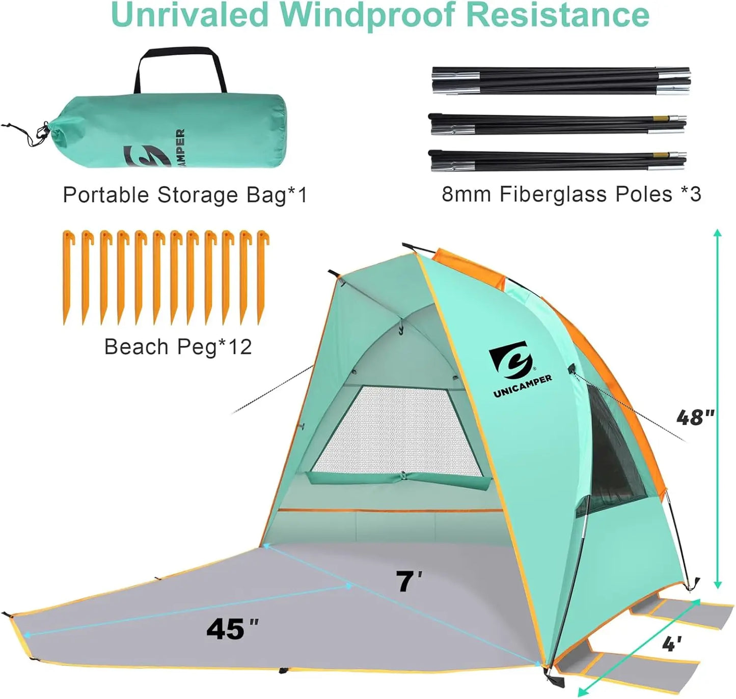 Beach Tent 3 Person UPF 50 Plus Waterproof PE Floor with 3 Mesh Roll Up Windows
