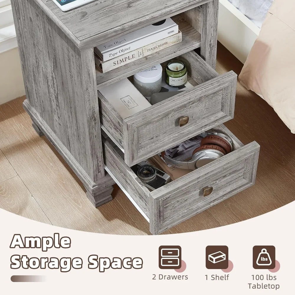 Grey Farmhouse Nightstands Set of 2 with Charging Station
