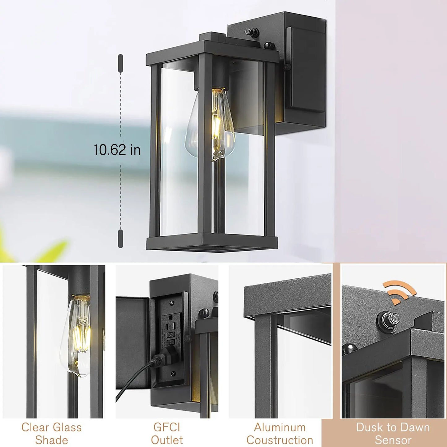 Porch Light With GFCI Outlet Dusk To Dawn Outdoor Wall Mount LED Fixture