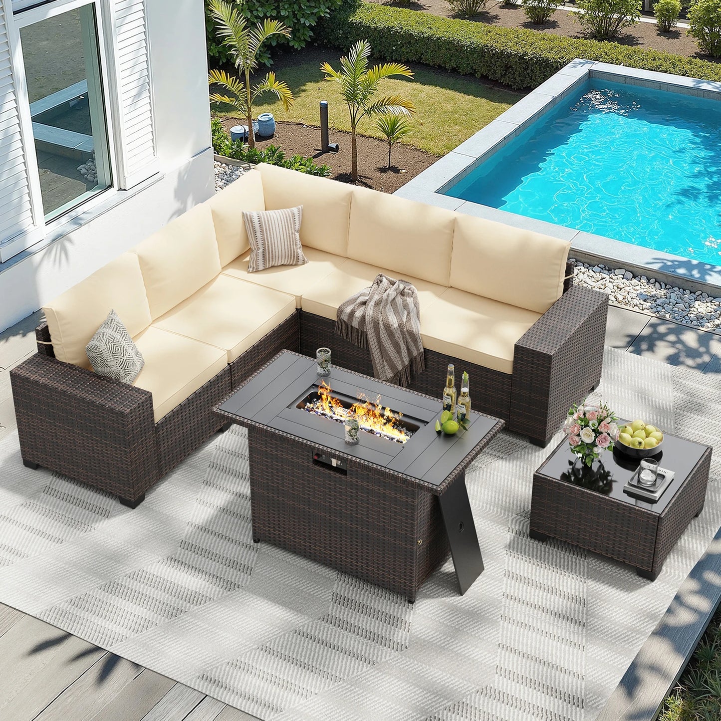 7 Piece Patio Furniture Set With 44 Inch Fire Pit Table Outdoor Rattan Sectional