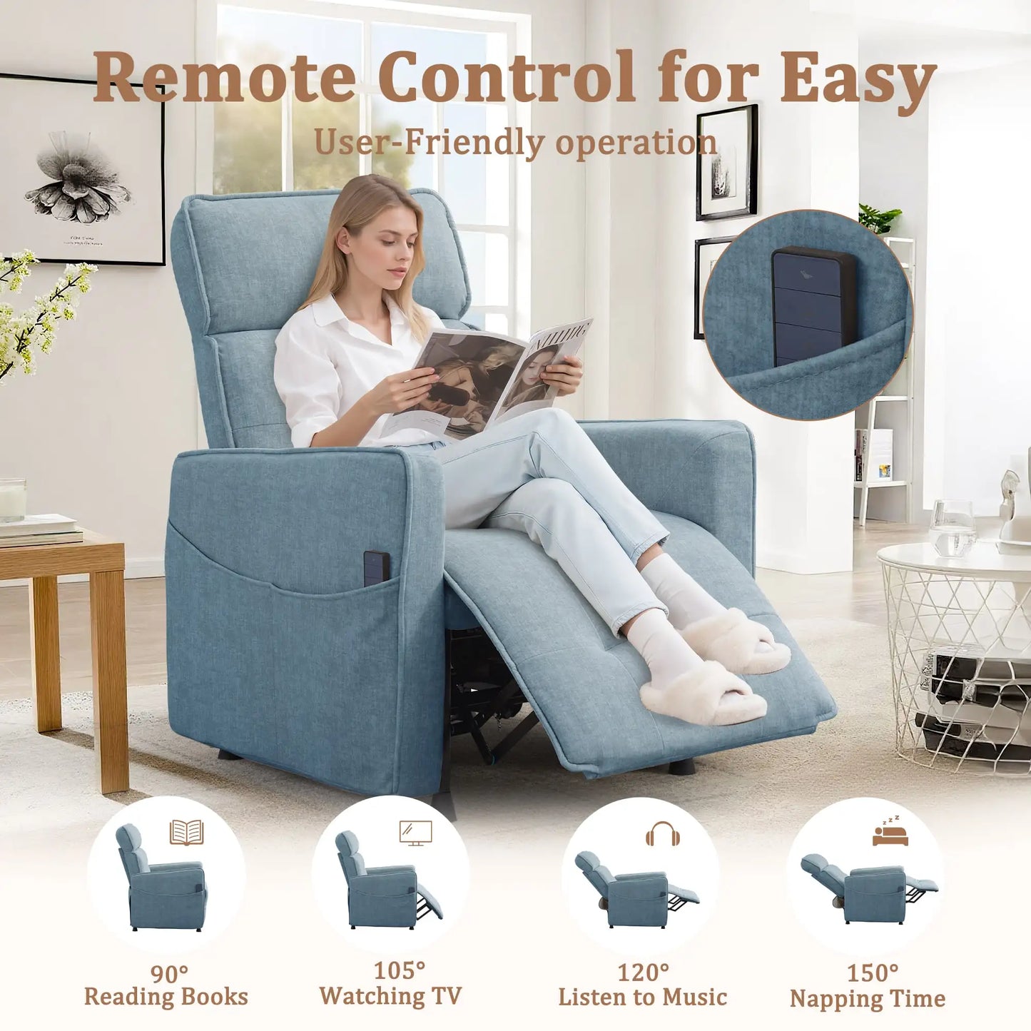 Electric Power Velvet Recliner For Adults With One Touch Adjustment And Pockets