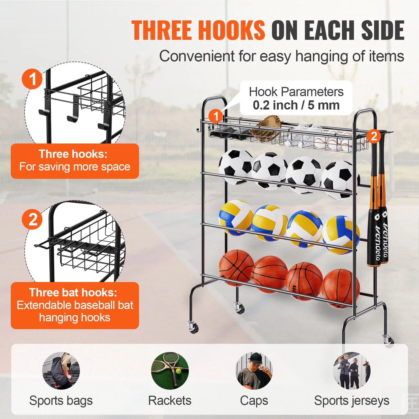 VEVOR Four Layer Rolling Basketball Rack with Wheels Storage Organizer