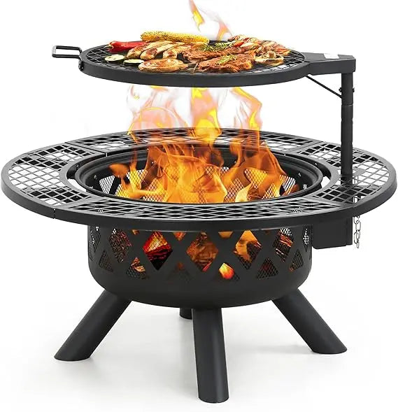 Outdoor 32 Inch Fire Pit With Poker And Wood Burning Grill
