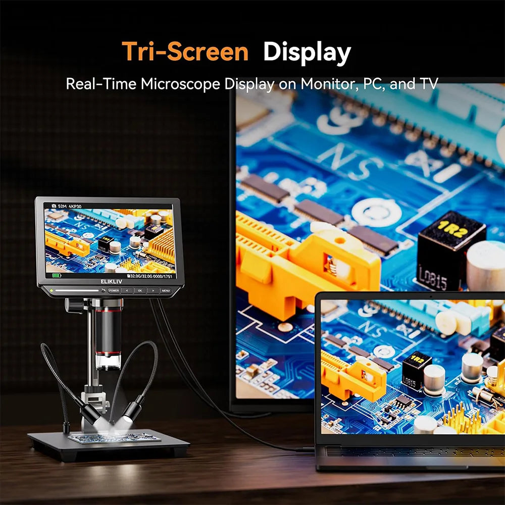 Elikliv EM4K 4K HDMI Digital Microscope Electronics PCB Inspection 10in Stand