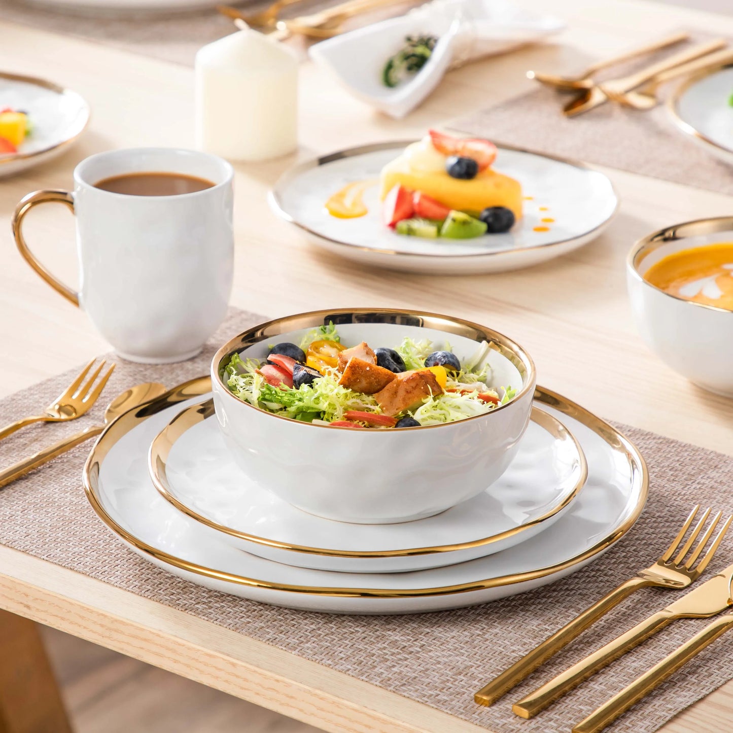 LoveCasa White Handmade Stoneware Dinnerware Set With Gold Trim 16 And 32 Piece