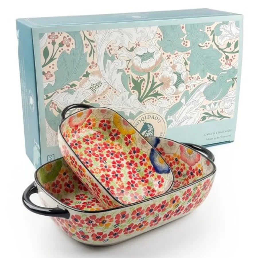 Polish Pottery Style Ceramic Baking Dish Set 2 Piece Floral Casserole Oven Safe