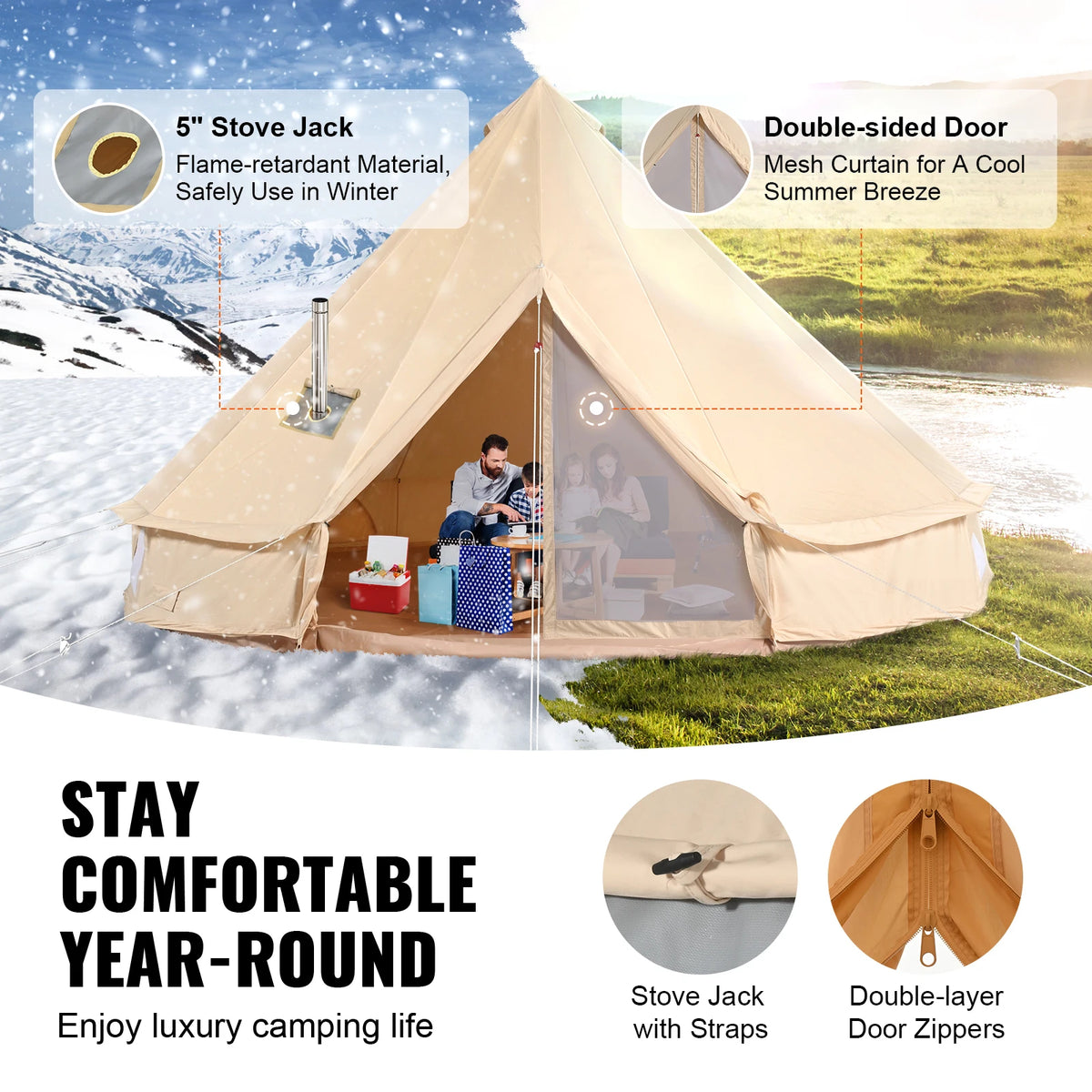 SucceBuy Canvas Bell Tent With Chimney Vent For 4 Season Camping Sleeps 8