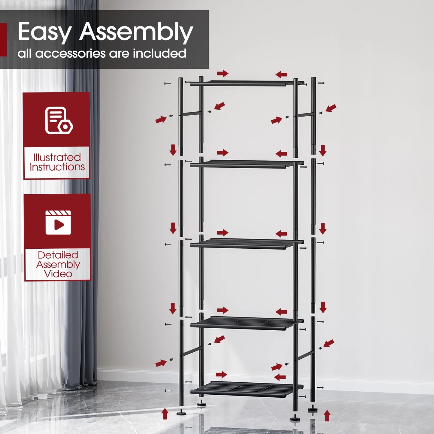 Five Tier Metal Storage Shelves Heavy Duty 500lb Adjustable Feet 18x12x57 Black