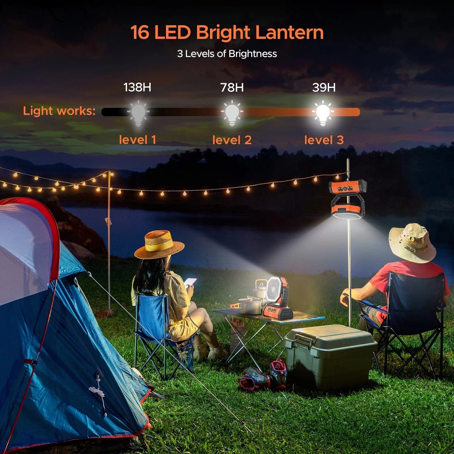Camping Fan 20000mAh Battery Powered Fan Rechargeable with LED Light Portable Outdoor Tent Fan with Hanging Hook