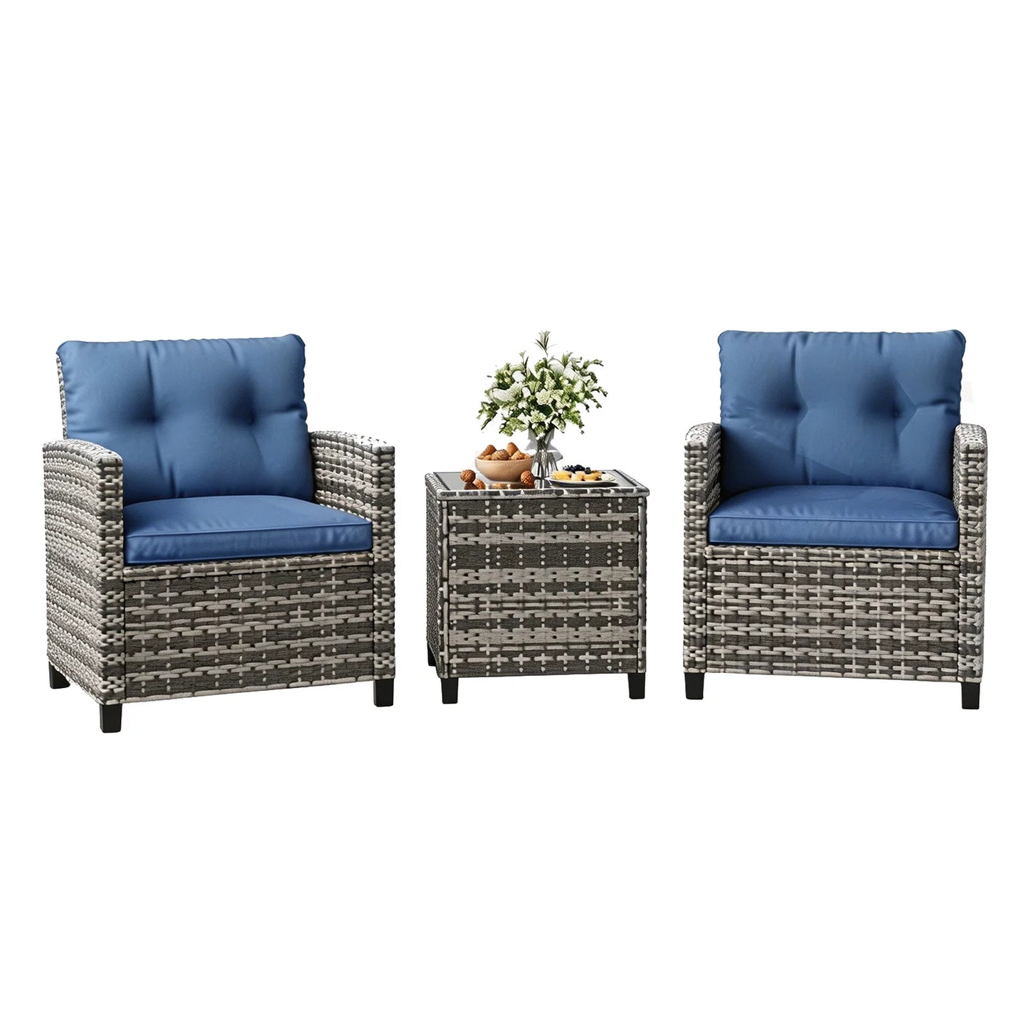 Outdoor Bistro Set 3-Piece Wicker Patio Furniture Rattan Seating With Coffee Table & Washable Cushions For Garden Backyard