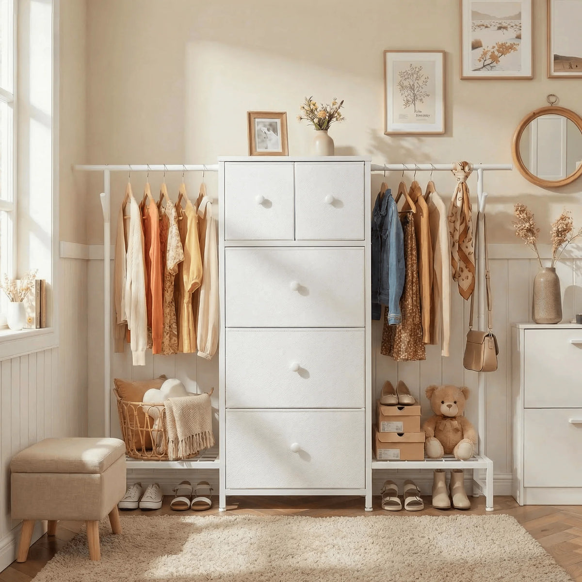 5 Drawer Dresser With Hanging Rod And Shoe Rack Bedroom Closet Organizer