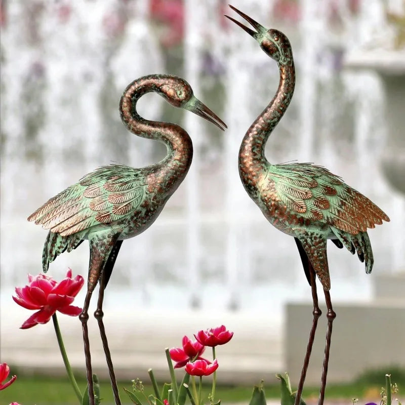 Metal Heron Sculpture with Patina Finish, Staked Garden Statue for Lawn, Pond & Landscape Decor