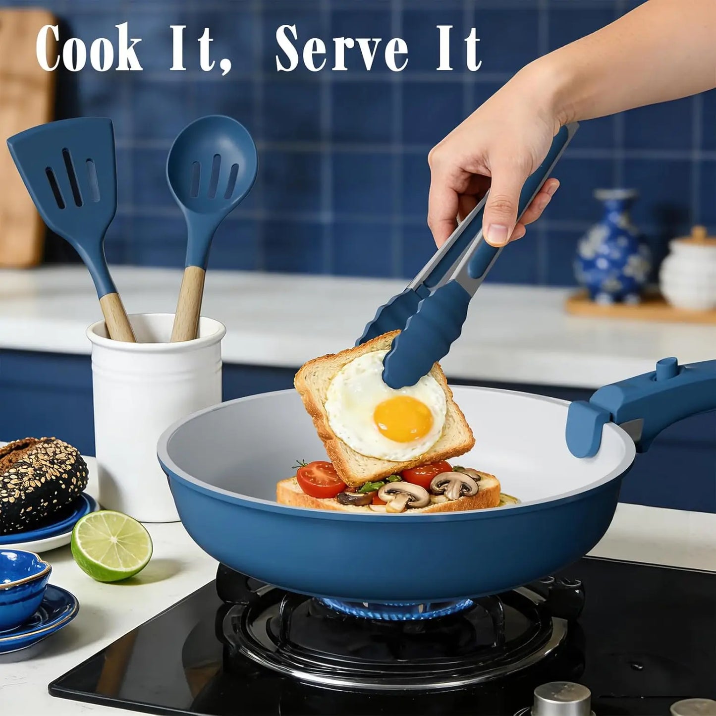 Nonstick Pots And Pans Set 21 Ceramic Cookware Detachable Handles Induction Navy