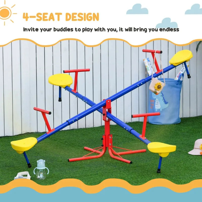 360° Children's Rotating Seesaw, 4-seater Seesaw Outdoor Playground Equipment, Suitable for Children Aged 3-8 Years Old