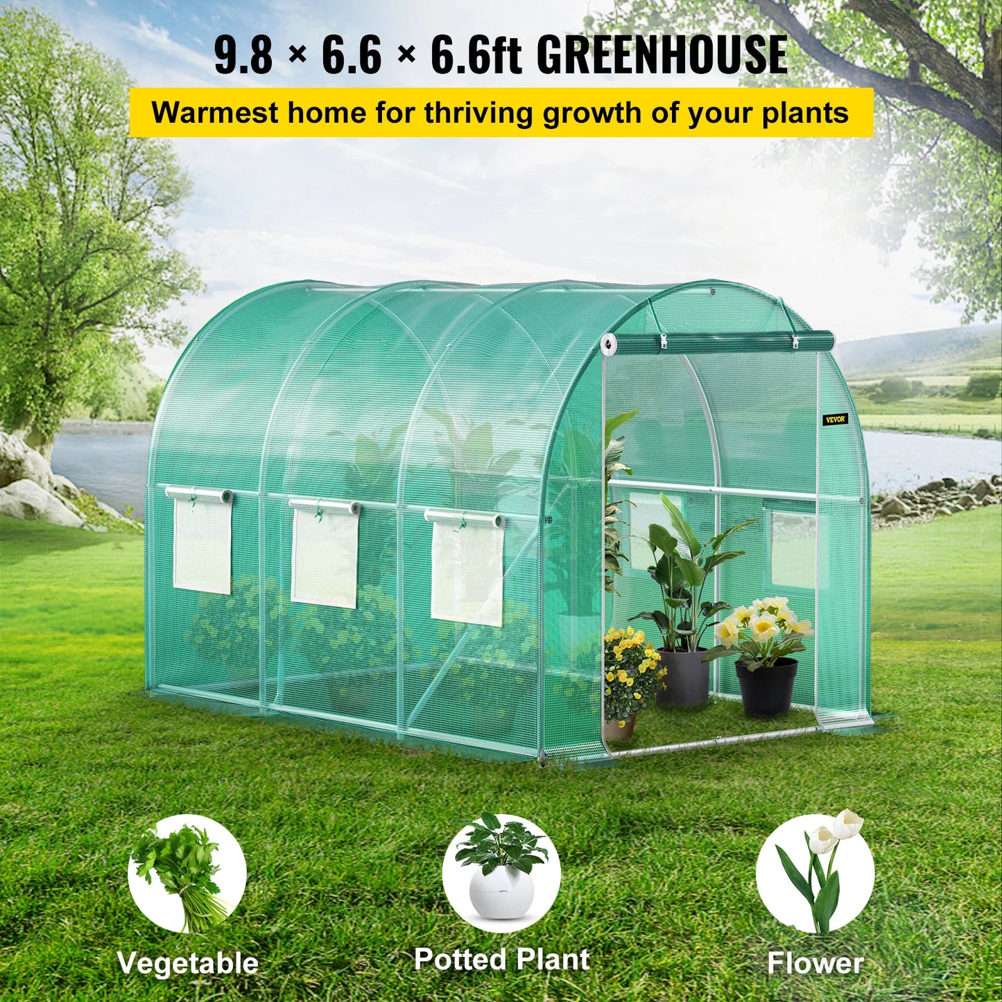 VEVOR Walk-in Tunnel Greenhouse Galvanized Frame & Waterproof Cover 10x7x7/12x7x7/15x7x7/20x10x7 ft Greenhouses & Cold Frames