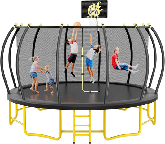 16FT Round Trampoline with Basketball Hoop for Kids Adults Outdoor Recreational Trampoline with Ladder and Safety