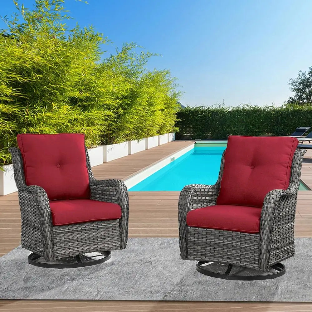 Red Swivel Wicker Patio Chairs Set of 2 with Cushions for Outdoor Deck, Balcony, Backyard