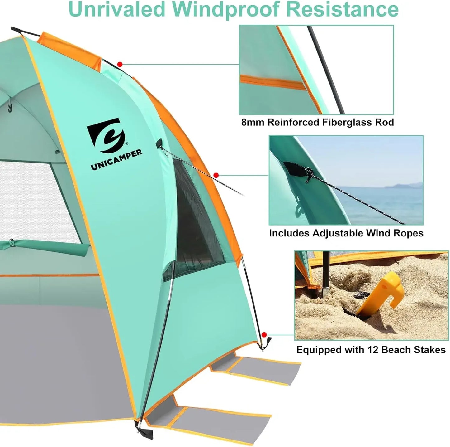 Beach Tent 3 Person UPF 50 Plus Waterproof PE Floor with 3 Mesh Roll Up Windows