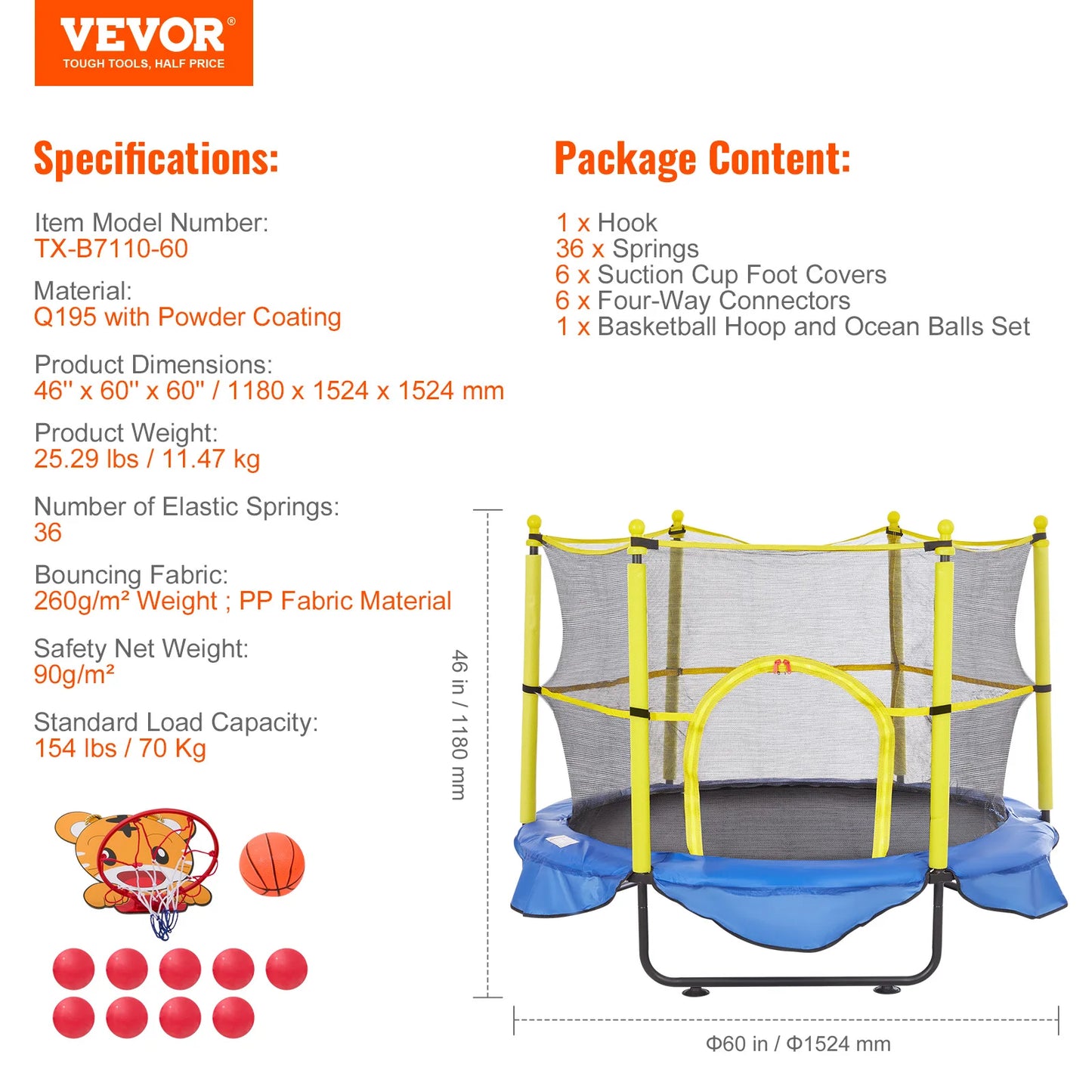VEVOR 60" 5FT Trampoline for Kids Indoor Outdoor Trampoline with Safety Enclosure Net Basketball Hoop and Ocean Balls for Kids